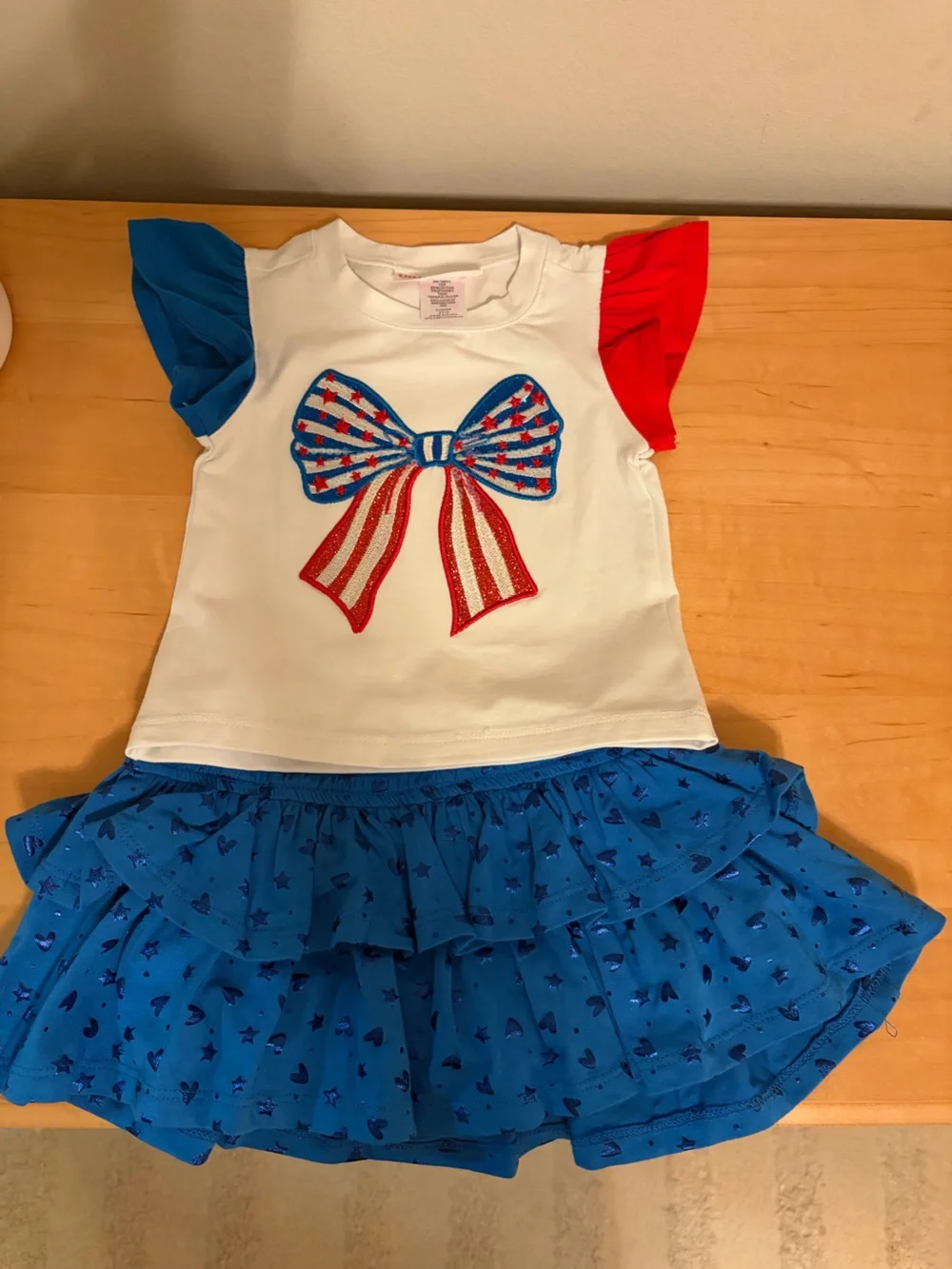 Girls Patriotic Bow Tee with Blue Star Skirt